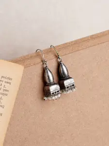TEEJH Silver-Plated Beaded Oxidised Jhumkas