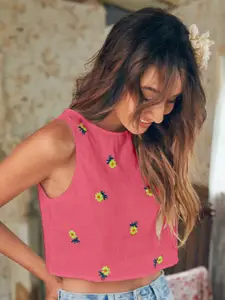 AAHWAN Floral Embroidered Cotton Tank Crop Top