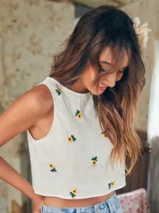 AAHWAN Floral Embroidered Cotton Tank Crop Top