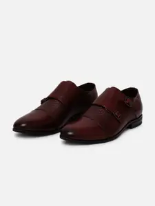 EZOK Men Textured Antibacterial Leather Formal Monk Shoes