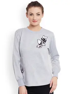 BAESD Round Neck Long Sleeves Fleece Floral Applique Pullover Sweatshirt