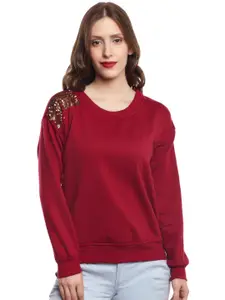 BAESD Round Neck Long Sleeves Fleece Sequined Pullover Sweatshirt