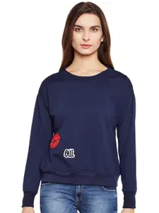 BAESD Round Neck Applique Detail Fleece Pullover Sweatshirt