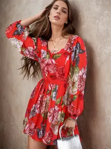 RARE Floral Printed Square Neck Puff Sleeve Georgette Fit & Flare Mini Dress