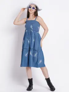 SUMAVI-FASHION Floral Embroidered Smocked Organic Cotton Denim A-Line Dress