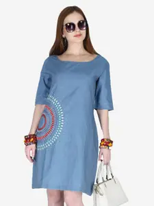 SUMAVI-FASHION Geometric Embroidered Cotton Denim A-Line Dress