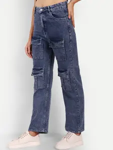 Next One Women Smart Wide Leg Light Fade Stretchable Denim Cargo Jeans