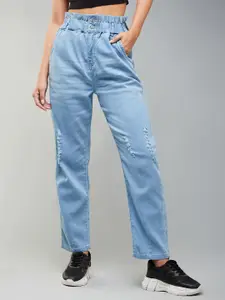 DOLCE CRUDO Women Blue High-Rise Mom Fit Mildly Distressed Whiskers Stretchable Jeans