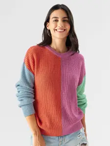 The Souled Store Lavender Colourblocked Acrylic Pullover Sweater