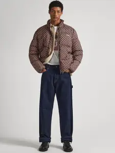 Pepe Jeans Geometric Printed Mock Collar Puffer Jacket