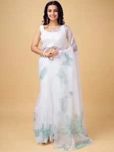 Anouk White Butterfly Printed Beads and Stones Organza Saree