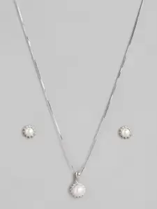 Zavya Women Rhodium-Plated Pearl & CZ Studded Necklace with Earrings