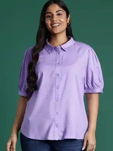 DressBerry Plus Size Opaque Puff Sleeves Pure Cotton Casual Shirt