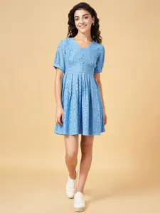 YU by Pantaloons Self Design V-Neck Puff Sleeve Lace Up Pure Cotton Fit & Flare Dress