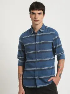 THE BEAR HOUSE Slim Fit Horizontal Striped Flannel Weave Pure Cotton Casual Shirt