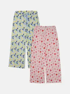 KiddoPanti Girls Pack Of 2 Printed Pure Cotton Straight Lounge Pants