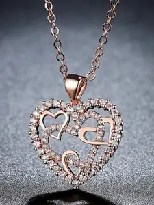 KRYSTALZ Rose Gold-Plated CZ-Studded Stainless Steel Heart-Charm Pendant With Chain