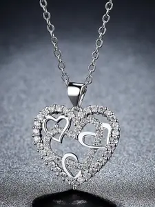 KRYSTALZ Silver-Plated CZ-Studded Heart-Charm Pendant With Chain