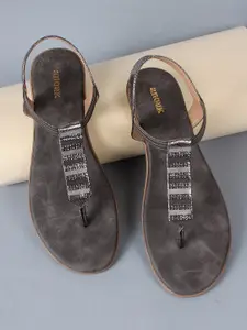 Anouk Black Embellished T-Strap Flats With Backstrap