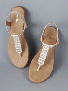 Anouk White Embellished T-Strap Flats With Backstrap