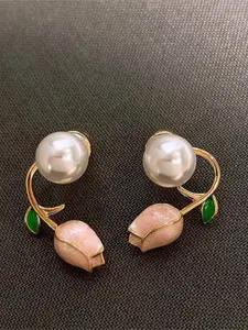 VAGHBHATT Gold-Plated Pearls Beaded Floral Studs Earrings