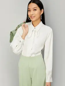 max Tie-Up Neck Cuffed Sleeves Pleated Shirt Style Top