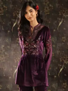Lakshita Purple Velvet Mandarin Collar Embroidered Tunic