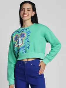 JUNEBERRY Mickey Mouse Printed Ribbed Fleece Pullover Sweatshirt