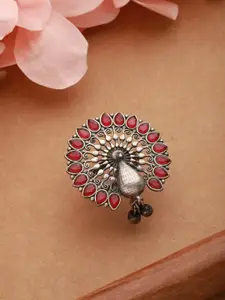 Jazz and Sizzle Silver-Plated Stone studded Peacock Motif Adjustable Finger Ring
