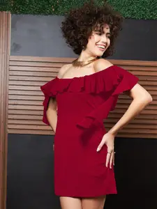 Athena Red Off-Shoulder Ruffled Mini Sheath Dress