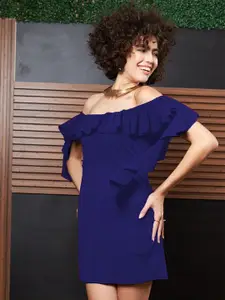 Athena Blue Off-Shoulder Ruffled Mini Sheath Dress