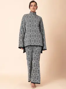 INDYA Ethnic Motifs Printed Knitted Top And Trousers