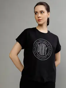 DKNY Typography Printed Short Sleeves Embellished Pure Cotton T-shirt