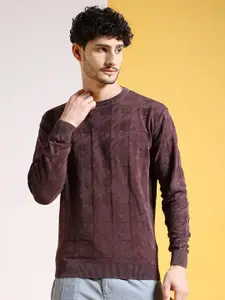 The Indian Garage Co Brown Geometric Self Design Acrylic Pullover