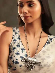 Rubans Silver-Plated Oxidised Temple-Inspired Engraved Necklace with Beaded Detailing
