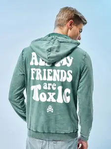 Bewakoof Green Typography Printed Hooded Fleece Pullover Sweatshirt