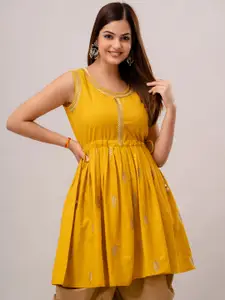 Anouk Mustard Yellow Ethnic Motifs Embroidered Thread Work Detailed Cotton A-Line Kurta
