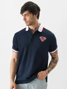 The Souled Store Navy Blue & White Superman Printed Polo Collar Pure Cotton T-shirt