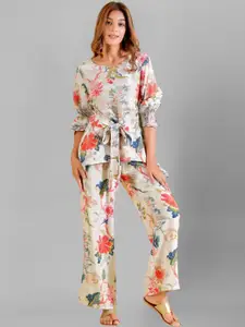 SIDYAL Floral Printed Front Tie Up  Top With Trousers