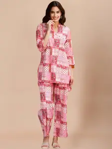 SIDYAL Ethnic Motif Printed Mandarin Collar Top and Trousers Co-Ords