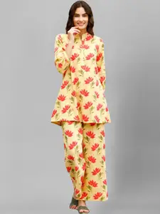 SIDYAL Floral Printed Mandarin Collar Top and Trousers Co-Ords