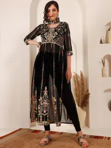 Sangria Black Ethnic Motifs Embroidered Round Neck Georgette Straight Kurta With Dupatta