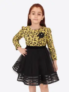 CUTECUMBER Girls Floral Printed Puff Sleeves Corsage Fit & Flare Dress