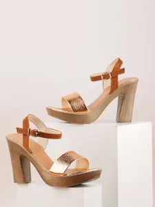 Anouk Tan Brown & Gold-Toned Textured Platform Heels