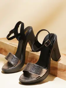 Anouk Silver-Toned Textured Open Toe Platform Heels With Buckle Detail