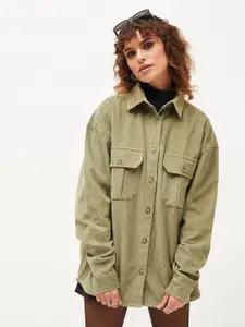 SASSAFRAS Oversized Self Designed Spread Collar Corduroy Pure Cotton Casual Shirt