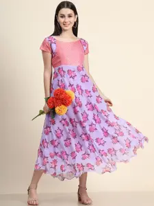 BLACK SCISSOR Floral Printed Fit & Flare Silk Midi Ethnic Dress