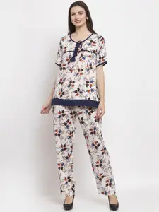 PATRORNA Floral Printed Tie-Up Neck Top With Trousers