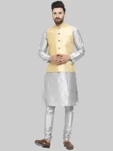 ROYAL KURTA Mandarin Collar Pure Silk Kurta With Churidar And Nehru Jacket