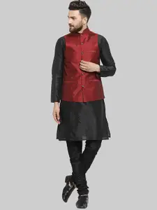 ROYAL KURTA Mandarin Collar Straight Pure Silk Kurta & Churidar With Nehru Jacket
